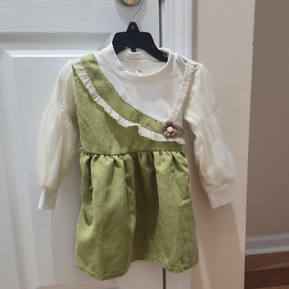 Green And Cream Corduroy Dress with Cream Sleeves 3T